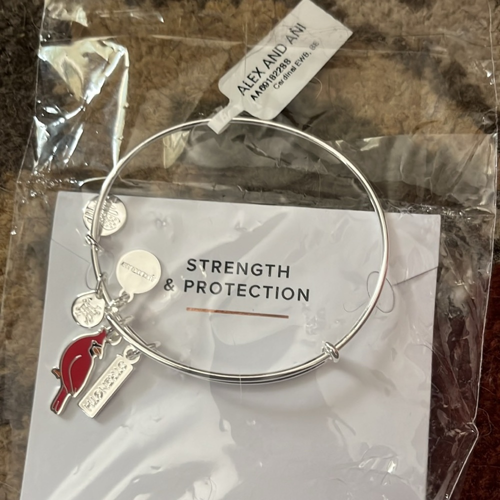 Alex and Ani Silver Bangle with Red Bird Charm - Picture 4 of 6